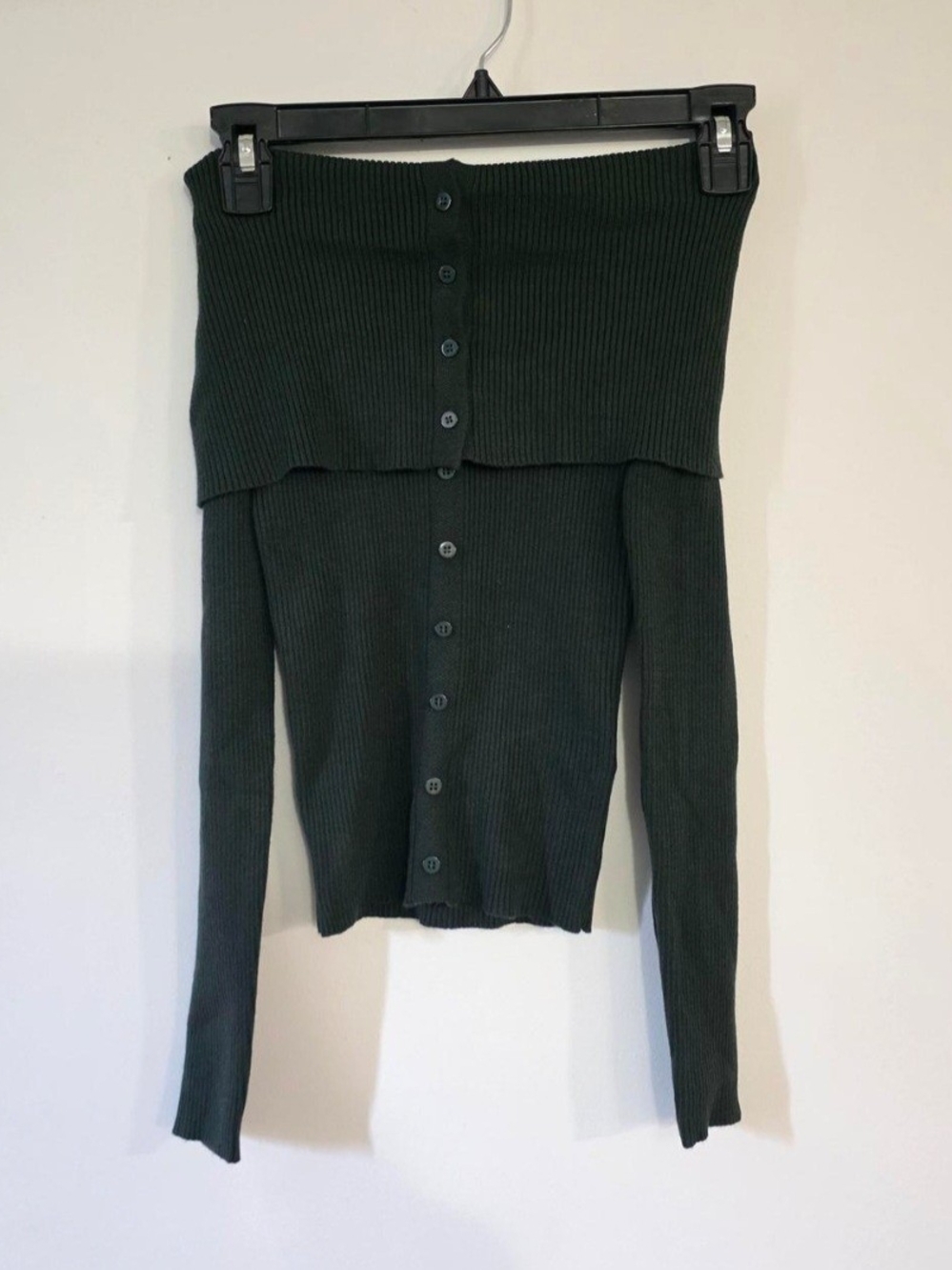 Off-Shoulder Ribbed Sweater - Dark Green